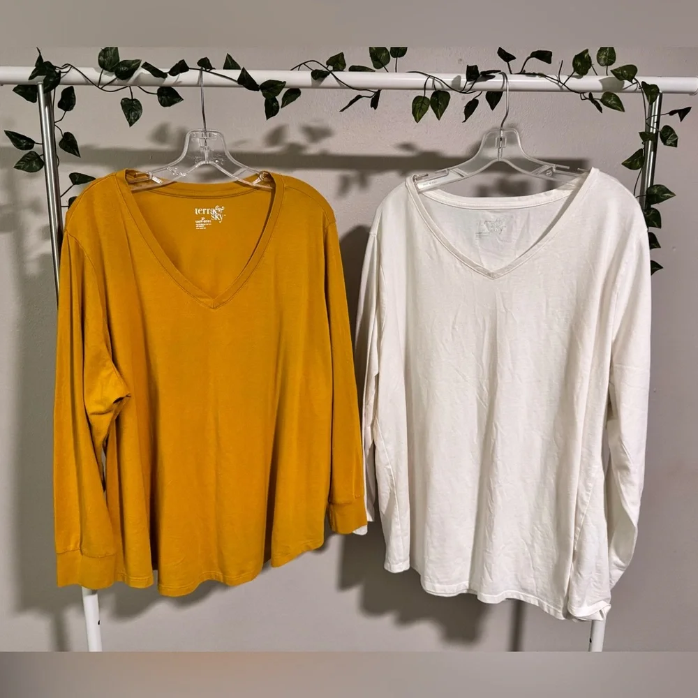 Set of Two V Neck Long Sleeve T Shirts Tees Mustard Yellow White Tops Plus Size - Picture 1 of 9